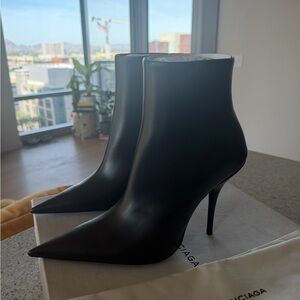 Balenciaga Black Pointed Leather Stiletto Ankle Boots